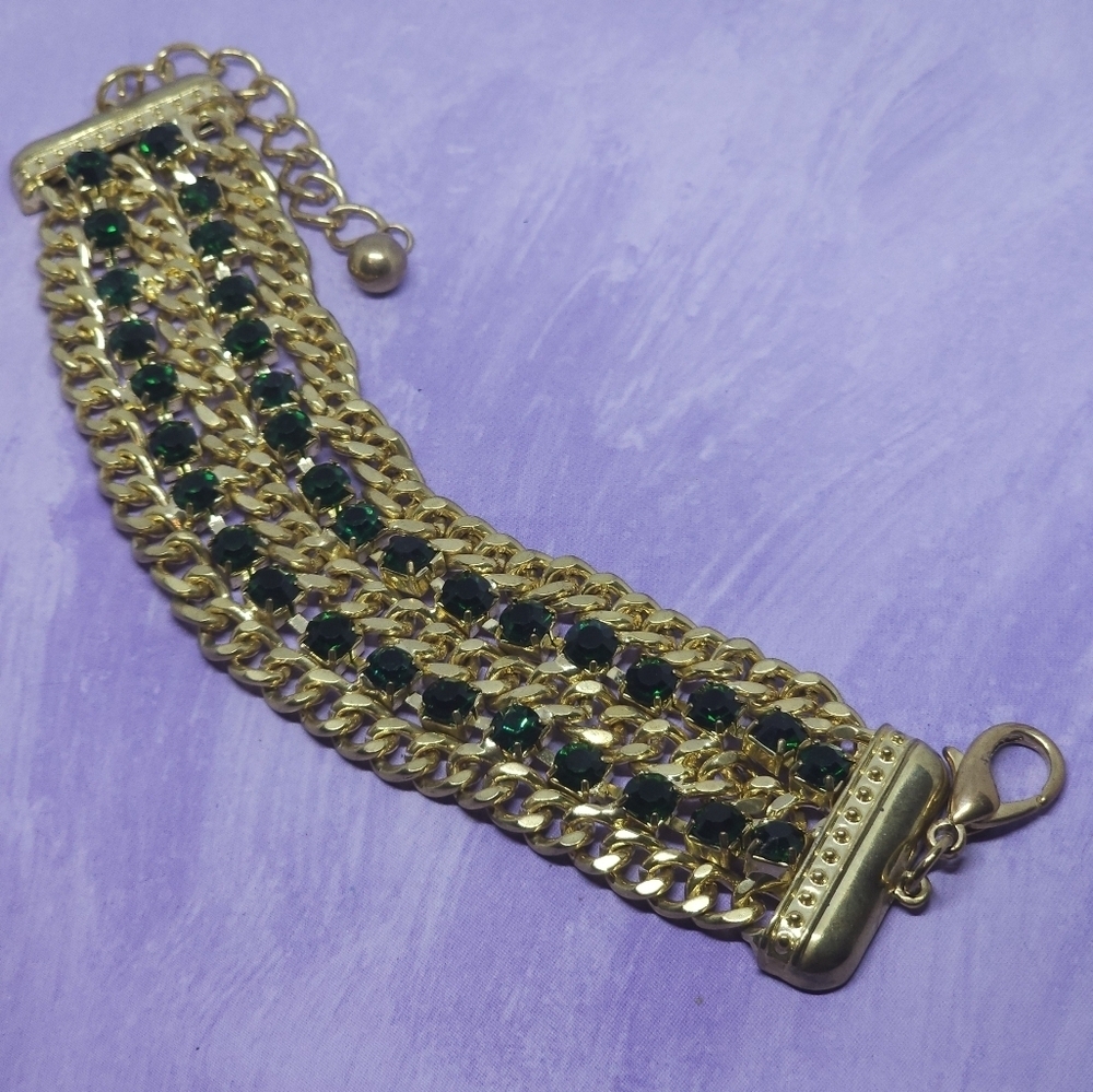 👍5 For $20 Gold Tone & Green Rhinestone Chain Chunky Bracelet